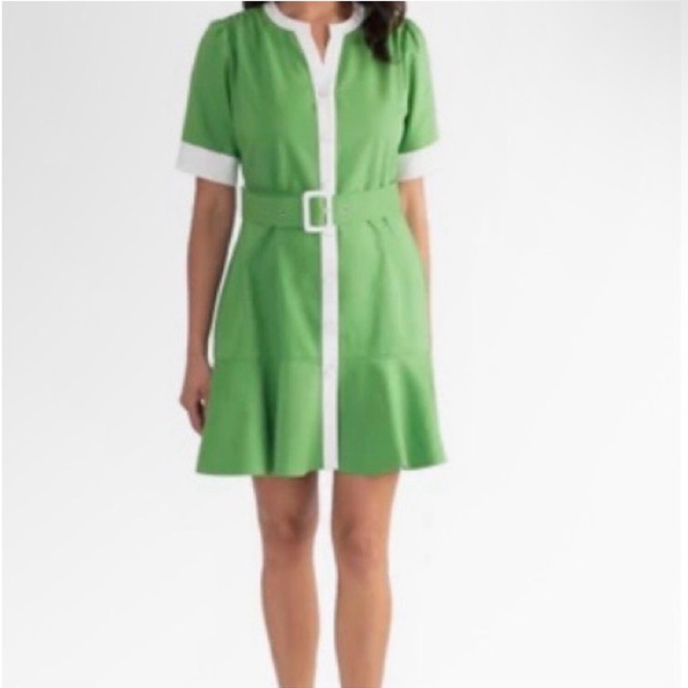Contrast-Trim Green Belted Mini Dress